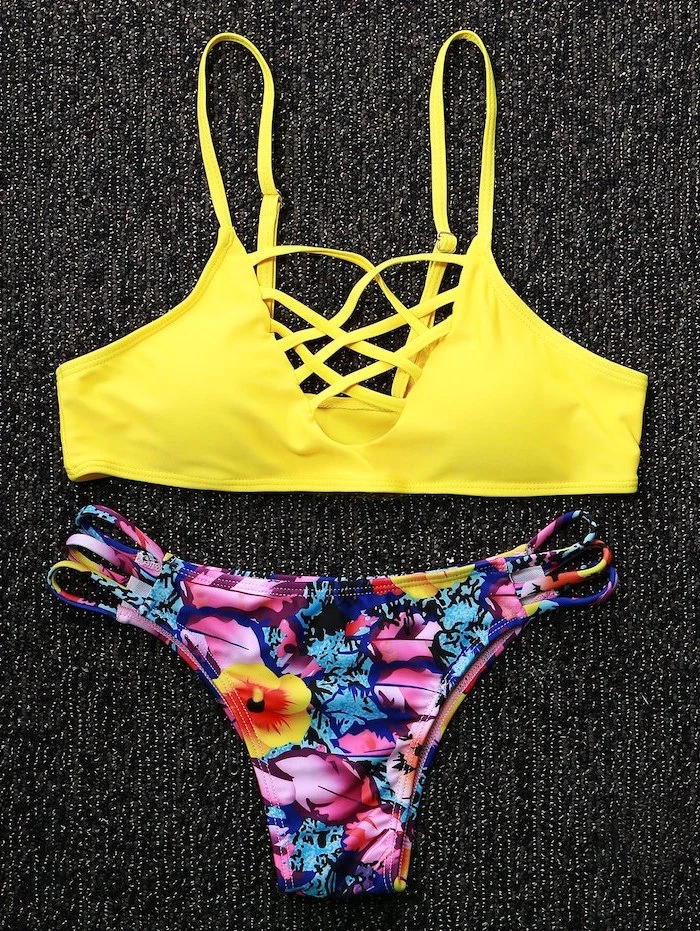 yellow top, floral bottom, black background, bathing suits for teens, two piece