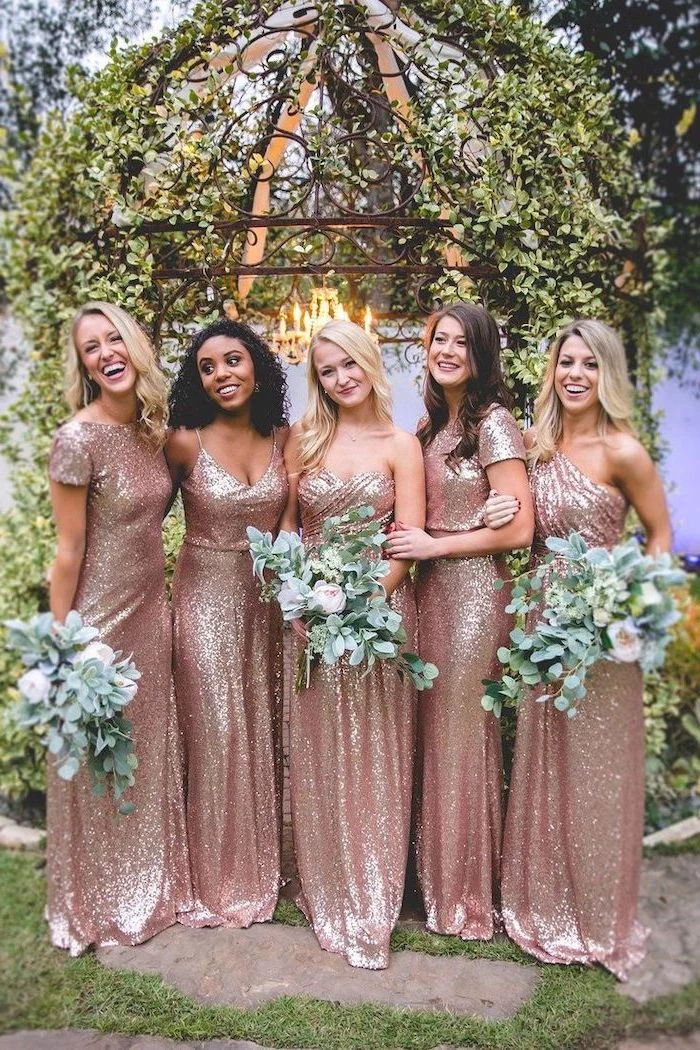 gold sequin bridesmaid dresses, rose gold sequinned dresses, large flower bouquets
