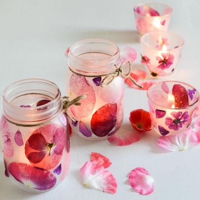 mason jars, what to do when your bored for kids, candle holders, filled with flower petals