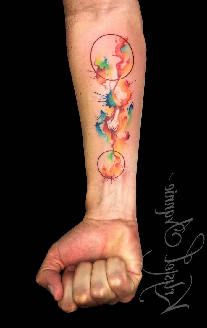 black background, watercolour forearm tattoo, paint splatter tattoo