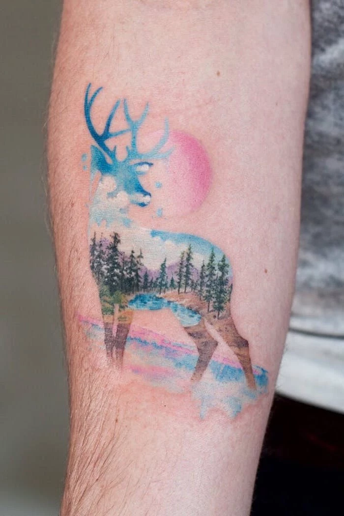 forest landscape, inside a deer, paint splatter tattoo, watercolor forearm tattoo