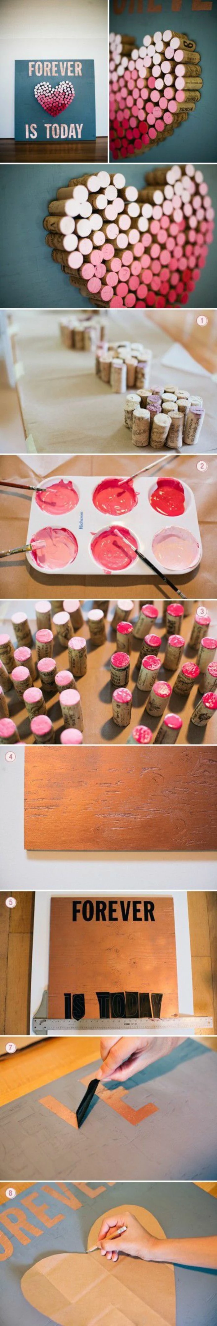 shades of pink paint, corks arranges in the shape of a heart, craft gifts, diy tutorial, step by step