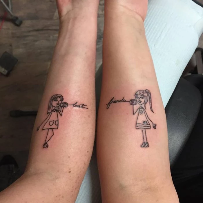 best friends, two girls, connected by tin can phones, matching tattoo ideas, forearm tattoos