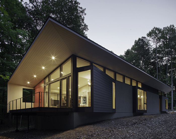 contemporary house, metal railing, front porch designs, tall windows, lights on the ceiling