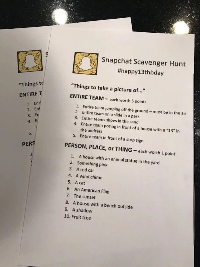 snapchat scavenger hunt, photo challenge, sweet 16 themes, fun game