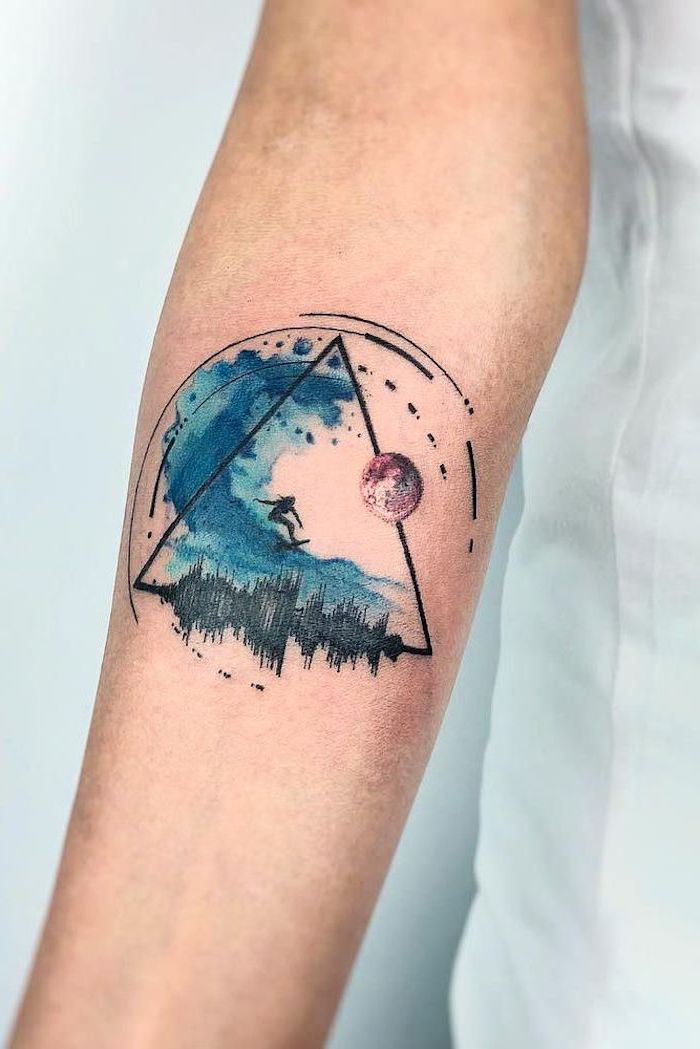 ocean waves, watercolor flower tattoo, geometrical forearm tattoo, white background