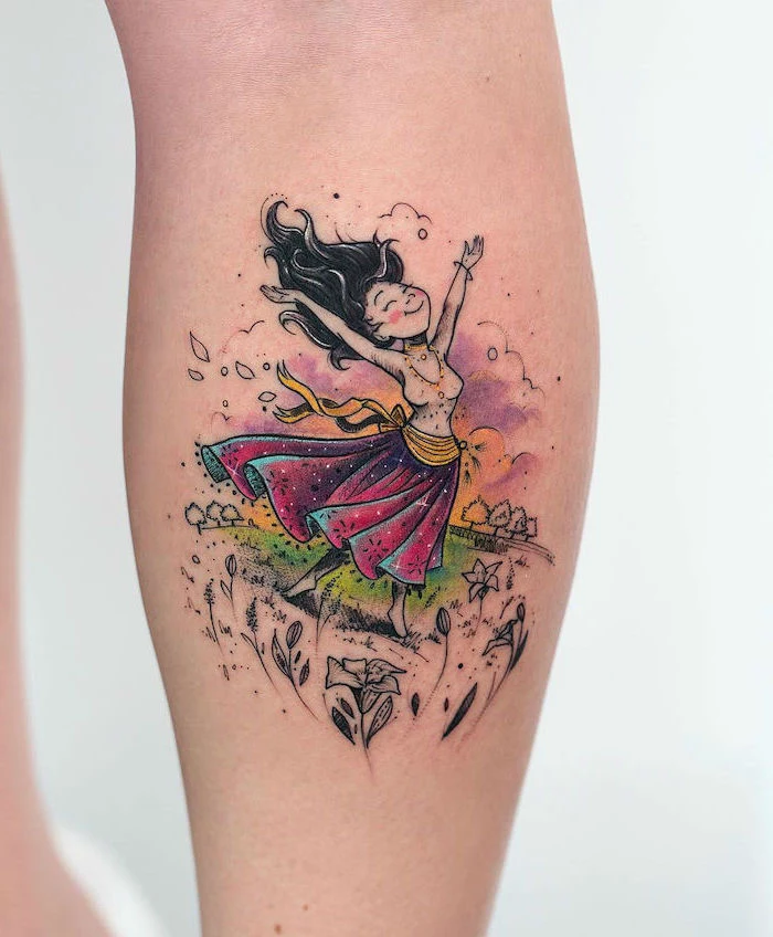 happy girl, watercolor flower tattoo, back of leg tattoo, white background
