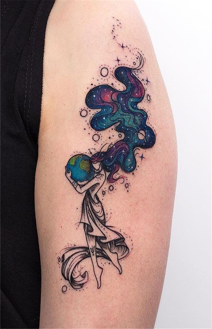 small colorful tattoos, girl holding earth, galaxy hair, shoulder tattoo