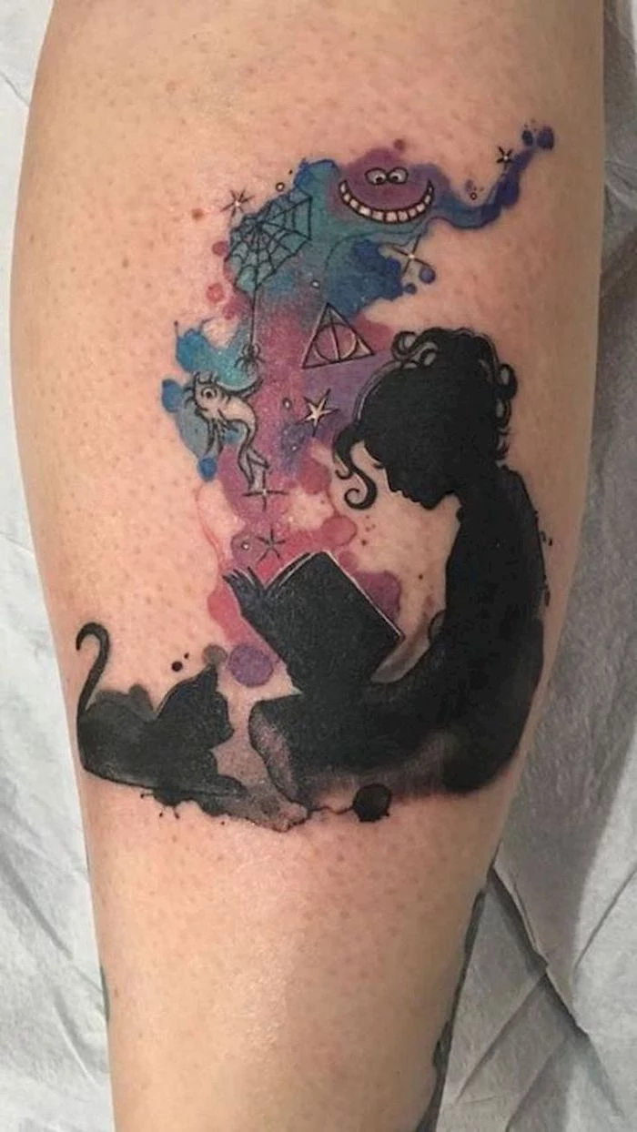 girl reading a book, flower wrist tattoos, back of leg, watercolour tattoo