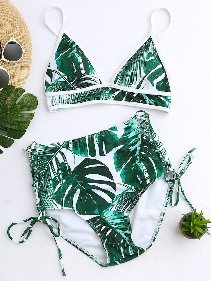 little girl bathing suits, green palm leaves print, high waisted bottom, two piece