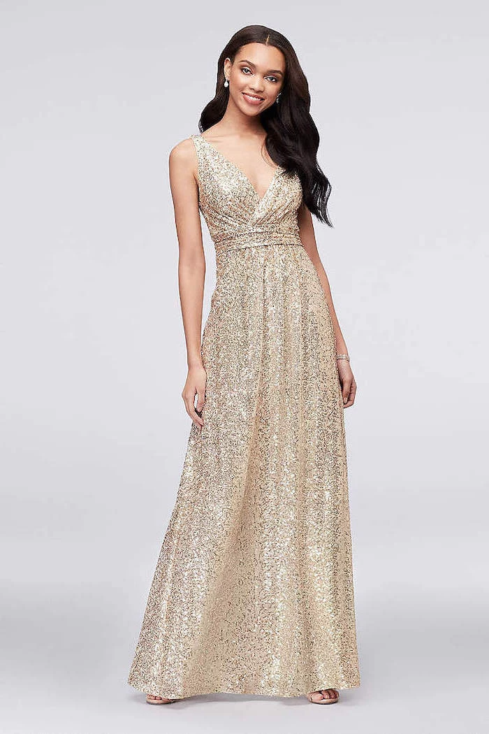 black wavy hair, beaded bridesmaid dresses, v neckline, gold sequin dress