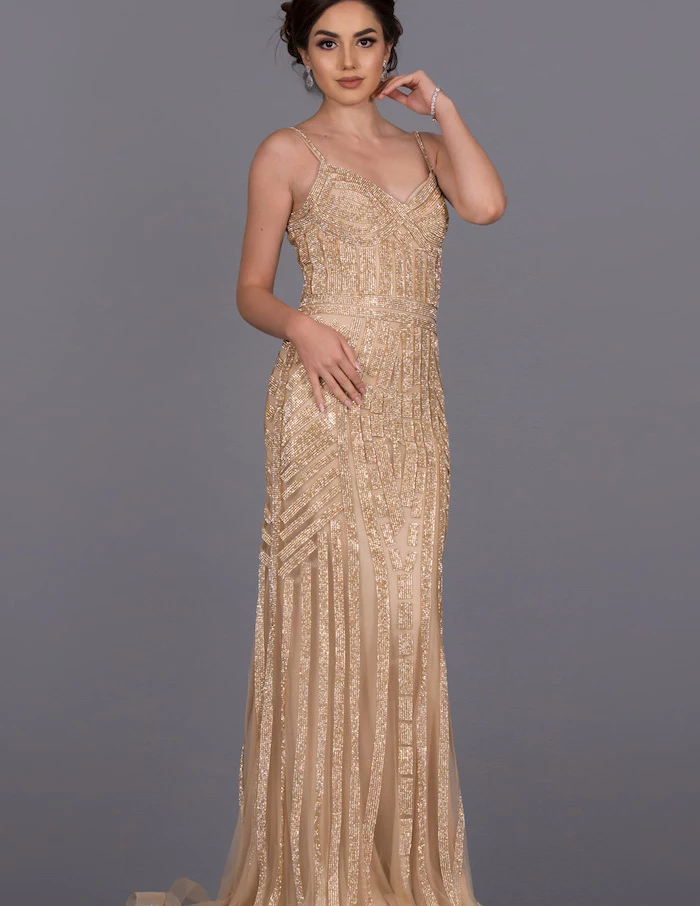 gold sequins, gold bridesmaid dresses, black hair, in a low updo, spaghetti straps