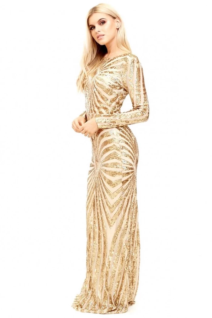 gold dress, gold sequin bridesmaid dresses, long sleeves, long blonde wavy hair