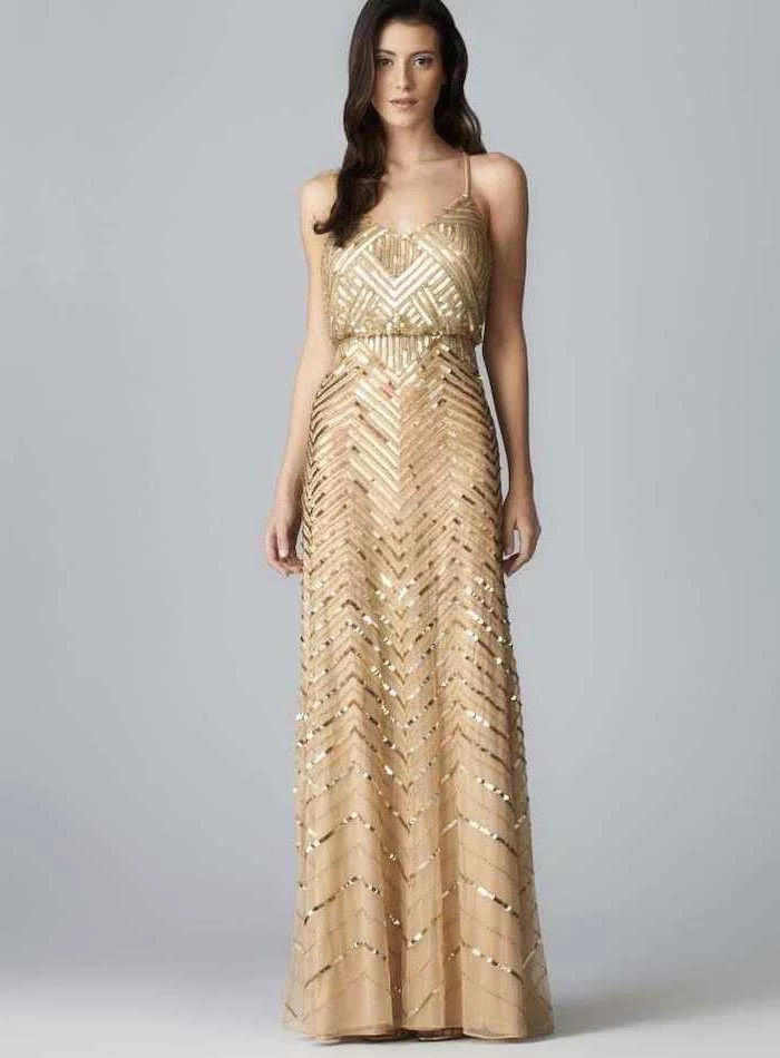 gold sequin dress, spaghetti straps, designer bridesmaid dresses, black wavy hair