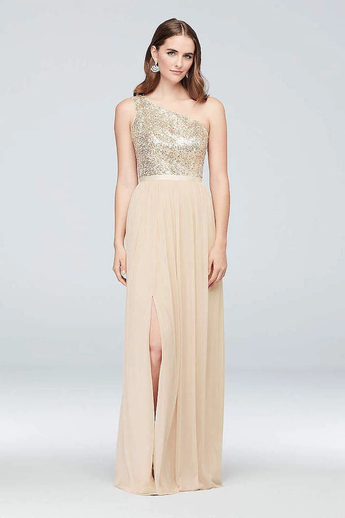 gold sequin, one shoulder top, chiffon skirt, designer bridesmaid dresses, brown wavy hair