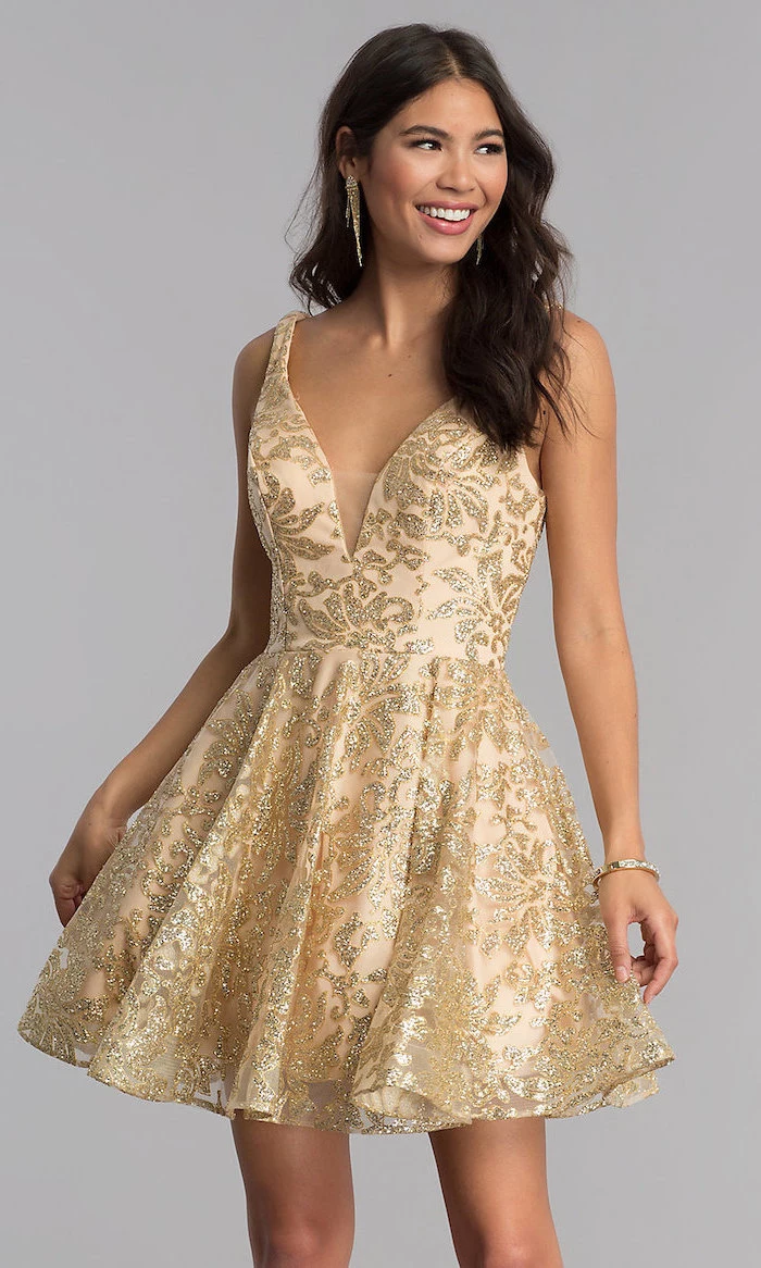 long brown curly hair, gold sequinned dress, bridesmaid dresses, v neckline