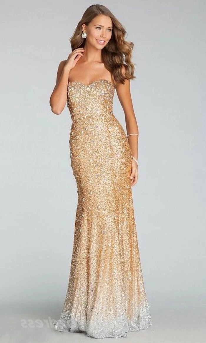 strapless gold, fall bridesmaid dresses, sequinned dress, brown wavy hair