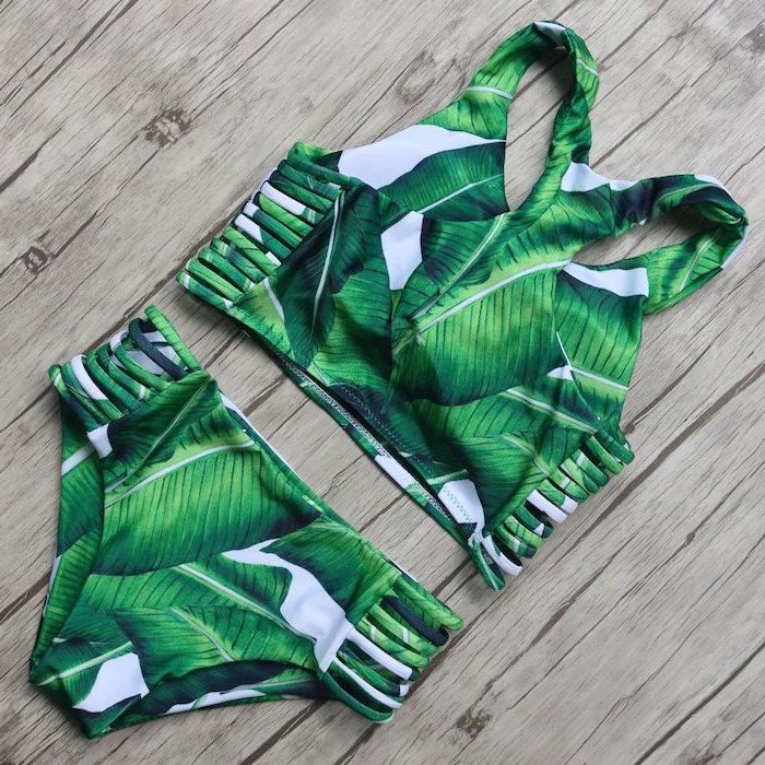 green palm leaves print, high waisted bottom, wooden background, two piece, little girl bathing suits