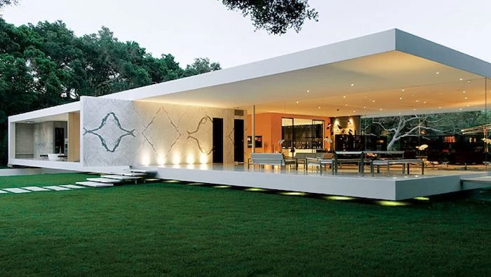 contemporary house, screened in porch designs, green grass field, tiled pathway, garden furniture