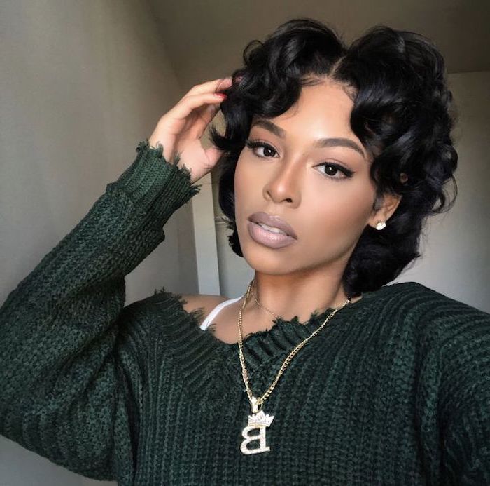 green sweater, short natural hairstyles, golden necklace, black hair, white straps