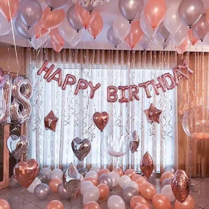 rose gold, happy birthday balloons, grey orange and white balloons scattered, birthday party ideas for boys