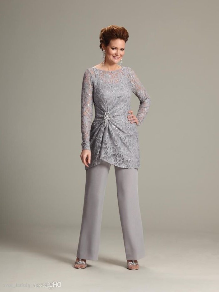 grey lace top, with long sleeves, chiffon pants, champagne mother of the bride dresses, brown hair, in a low updo