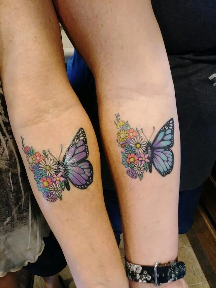 mother and daughter matching tattoos, half flowers, half butterfly, forearm tattoos