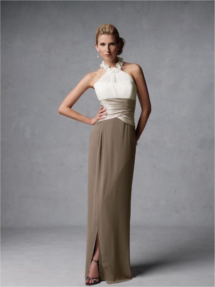 white top, chiffon skirt, halter neck, champagne mother of the bride dresses, blonde hair, in a low updo
