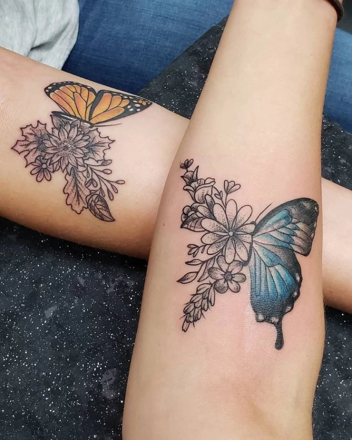 two halves of a butterfly, blue and yellow, black flowers, best friend tattoos, forearm tattoos