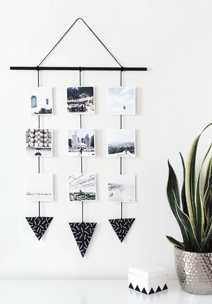 hanging wall photo decor, creative things to do when bored, white wall, potted plant