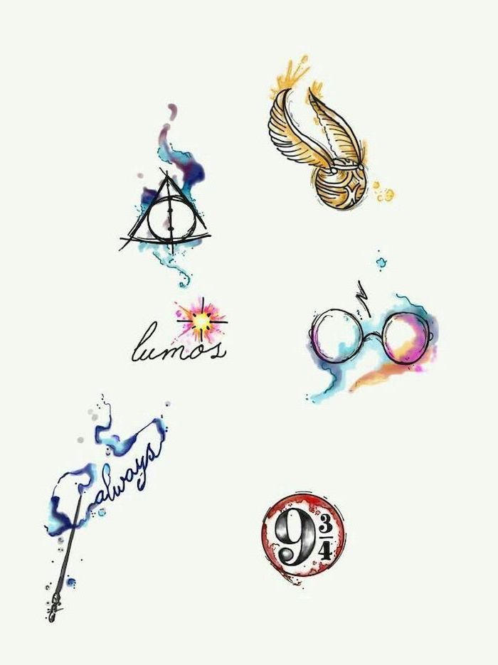 harry potter inspired, flower wrist tattoos, golden snitch, deathly hallows, white background