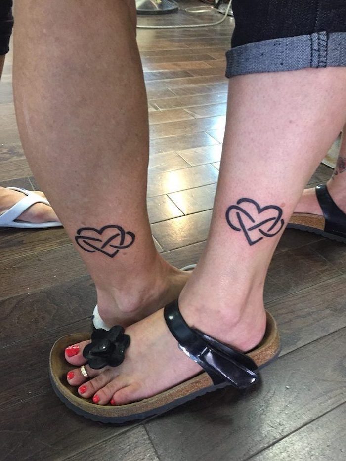 heart intertwined, with an infinity symbol, mother and daughter matching tattoos, ankle tattoos