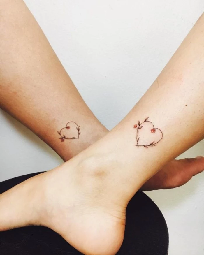 hearts and flowers, ankle tattoos, best friend tattoo ideas, white background