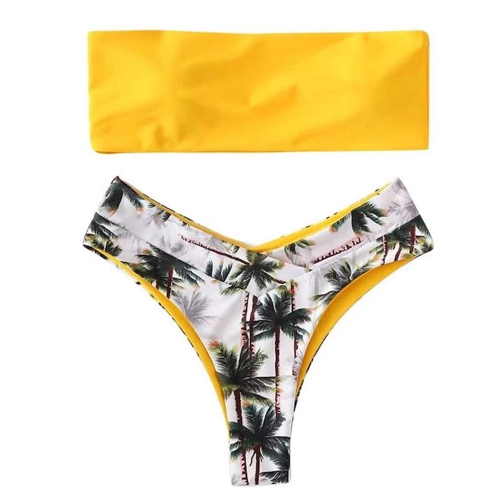 kids bathing suits, yellow strapless top, high waisted bottom, palm trees print, two piece