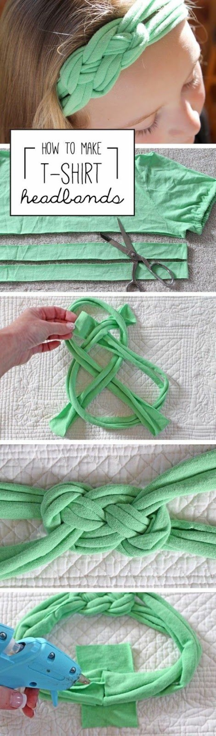 how to make t shirt headbands, creative things to do when bored, green t shirt, diy tutorial, step by step