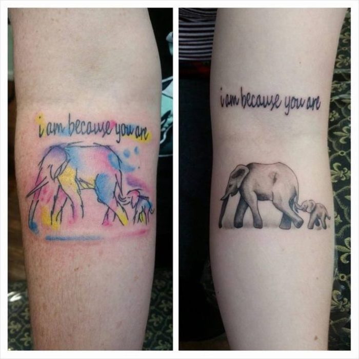 i am because you are, mother and daughter matching tattoos, watercolor forearm tattoo, mother and baby elephant