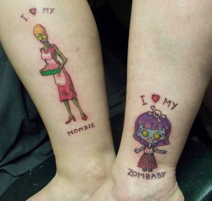 i love my mombie, i love my zombaby, mother and daughter tattoos, leg tattoos