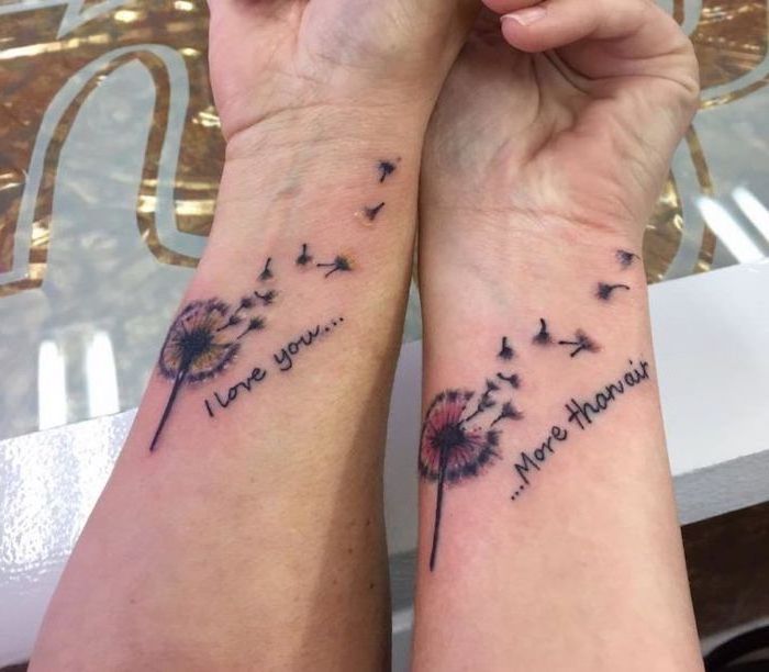 daughter tattoos, i love you more than air, dandelion seeds, wrist tattoos