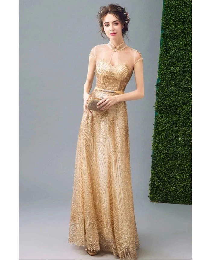 illusion neckline, gold tulle, fall bridesmaid dresses, brown hair, in a messy updo