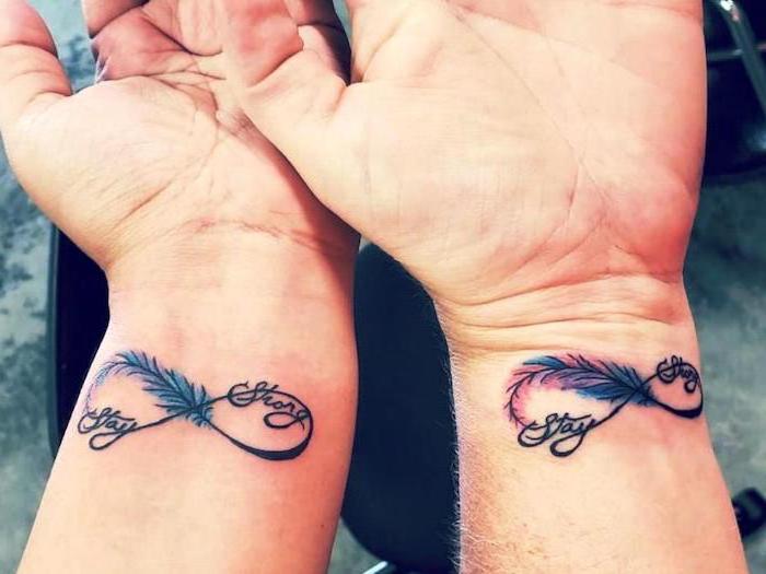 stay strong, infinity symbol, wrist tattoos, colourful feathers, mother daughter symbol