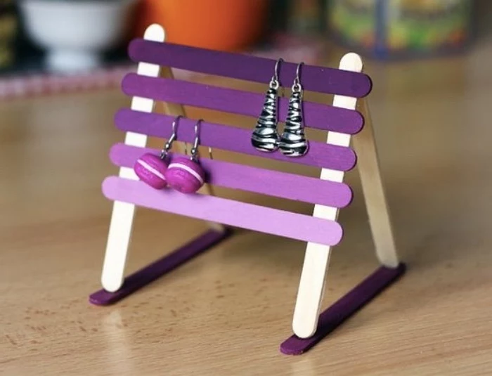 jewellery holder, made from popsicle sticks, painted in purple, creative things to do when bored