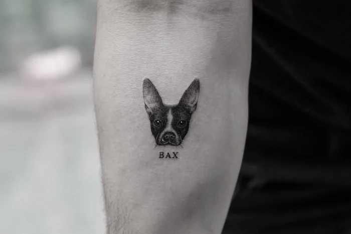 dog head, bax name, tattoo placement ideas, forearm tattoo, black shirt
