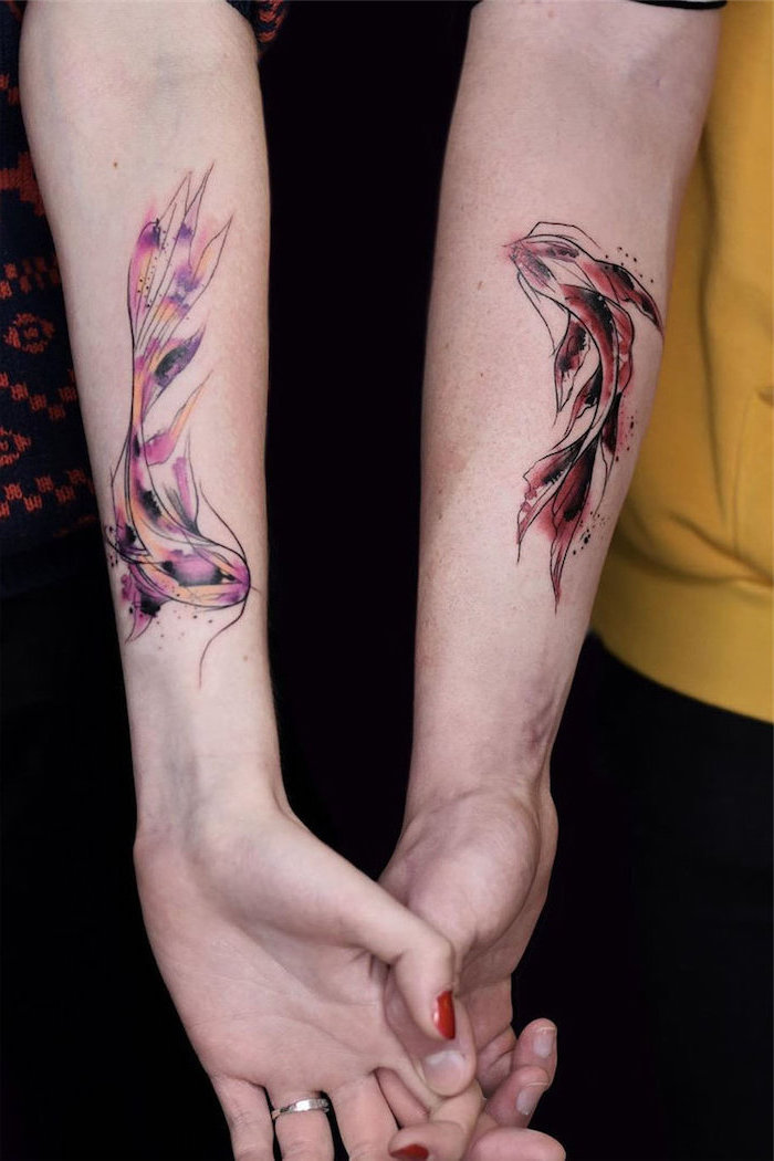 koi fish, couples matching tattoos, flower wrist tattoos, couple holding hands, red nail polish
