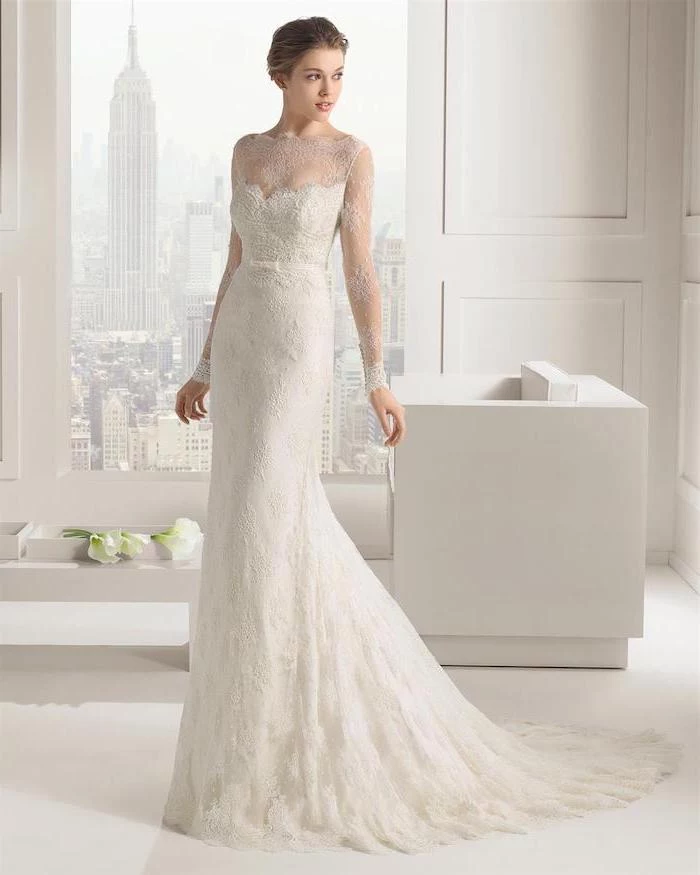 empire state building, lace wedding gowns, white furniture, brown hair, in a low updo