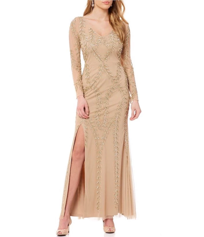 bridesmaid gown, gold sequins and chiffon, nude open toe shoes, blonde wavy hair