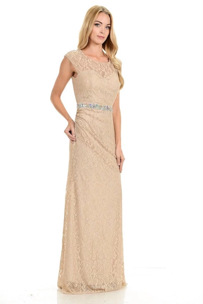 blonde wavy hair, lace dress, with belt, bridesmaid gown