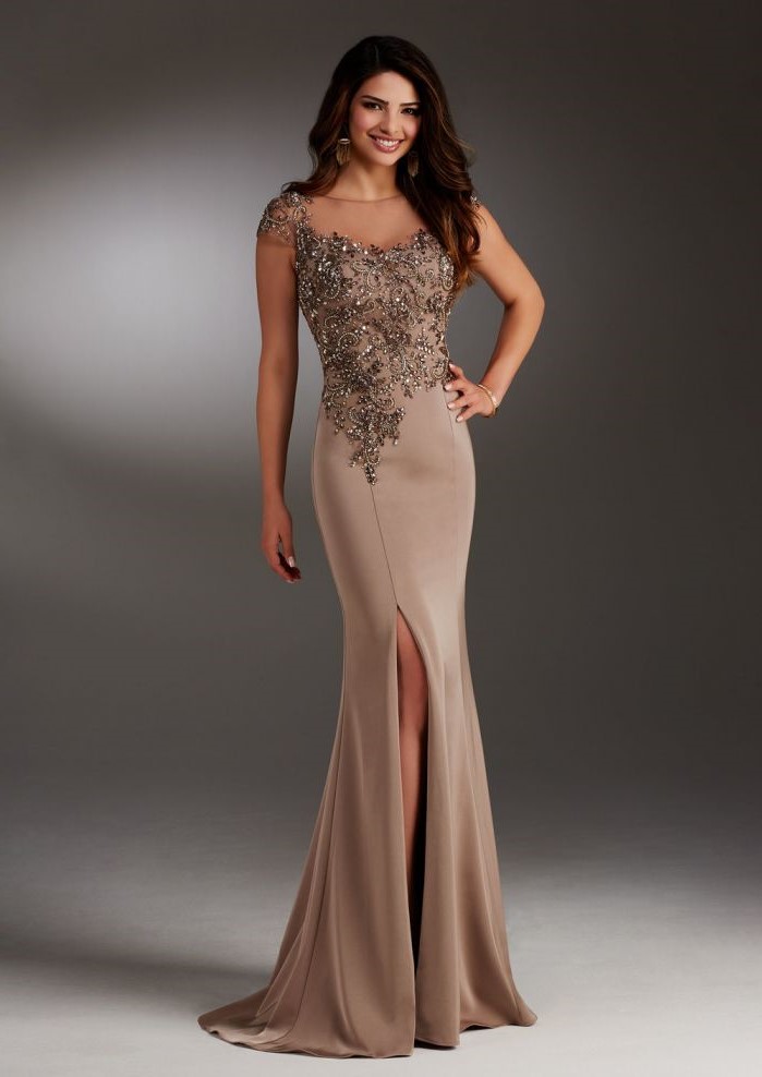 champagne dress, lace top, satin skirt with slit, long brown wavy hair, mother of the bride dresses long