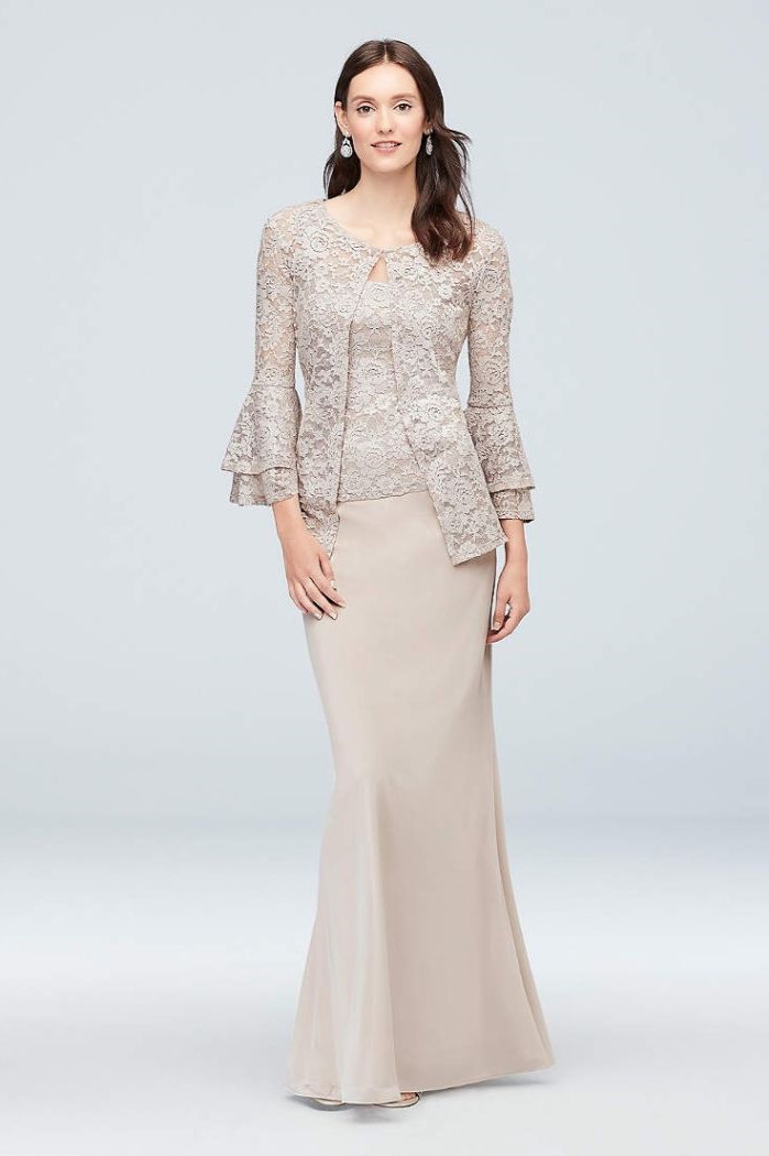 mother of the bride dresses for beach wedding, lace top, long sleeves, chiffon skirt, brown wavy hair