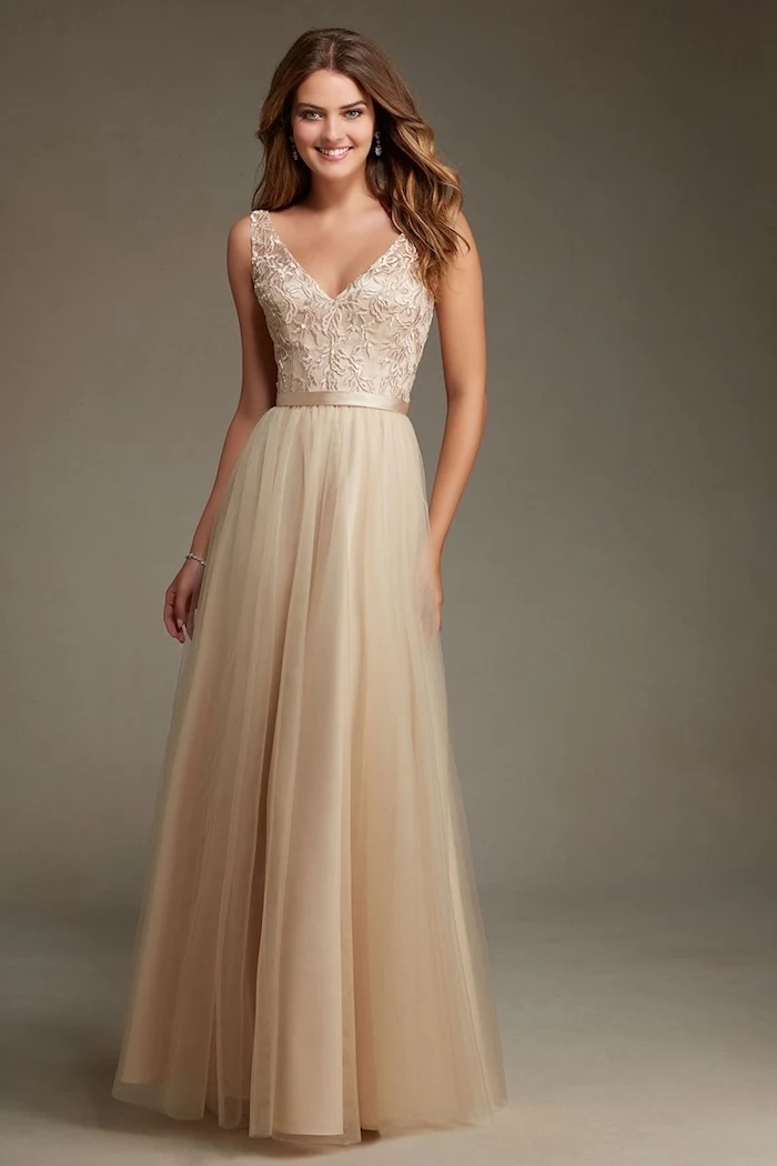 lace top, chiffon skirt, v neckline, lace bridesmaid dresses, long brown wavy hair