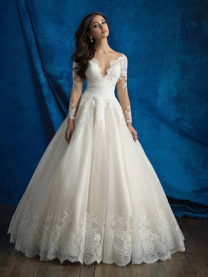 blue background, v neckline, lace wedding gowns, with chiffon and tulle, long black wavy hair